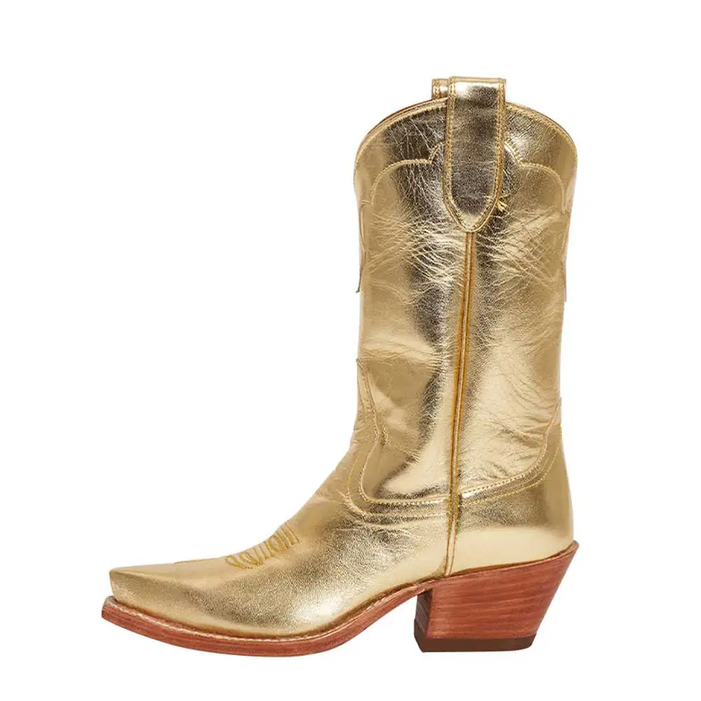 Pull-On Pointed-Toe Chunky-Heel Platform Mid-Calf Boots