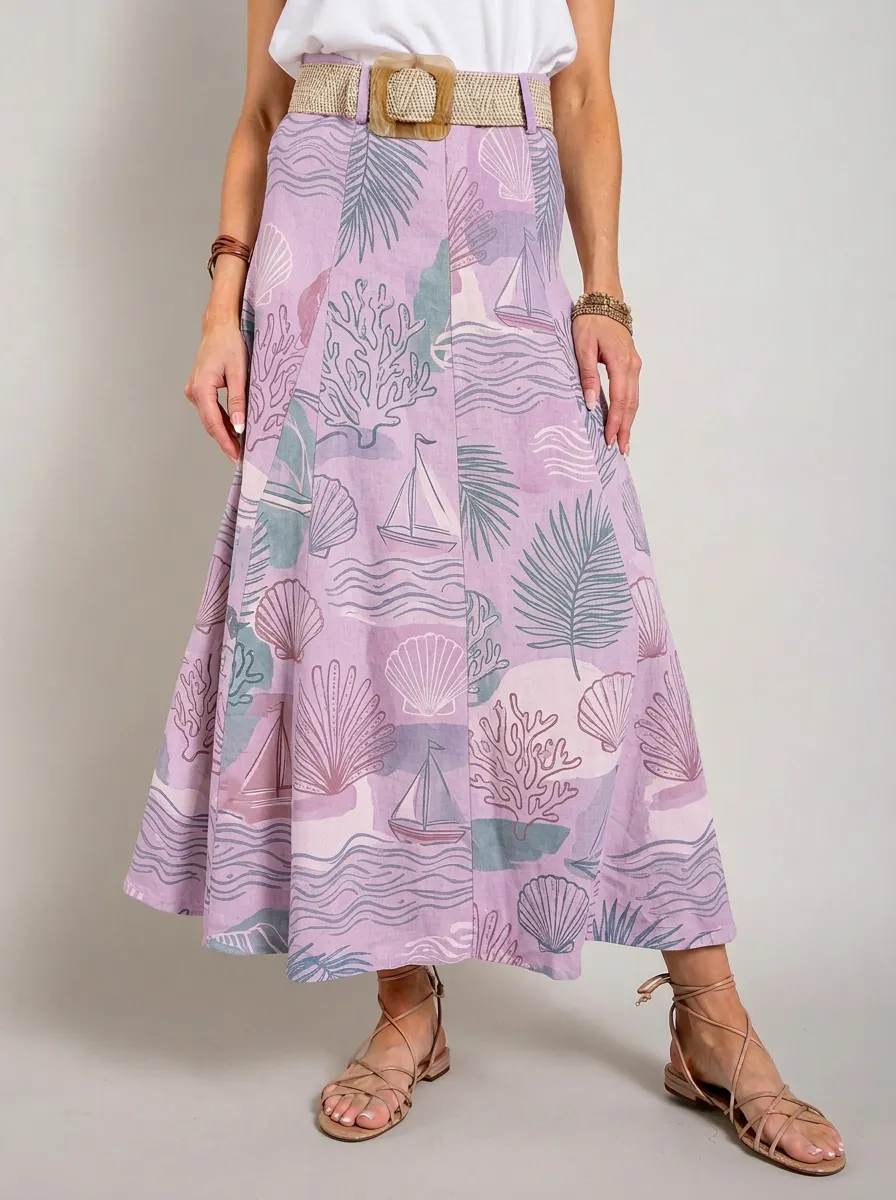 Women's Coastal Nautical Seashell Sailboat Printed Midi Skirt