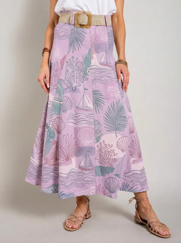 Women's Coastal Nautical Seashell Sailboat Printed Midi Skirt