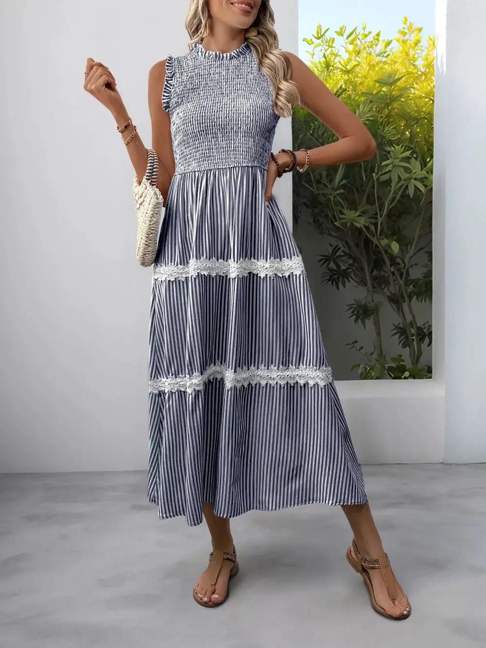Gathered Detail Striped Lace Smocked Midi Dress