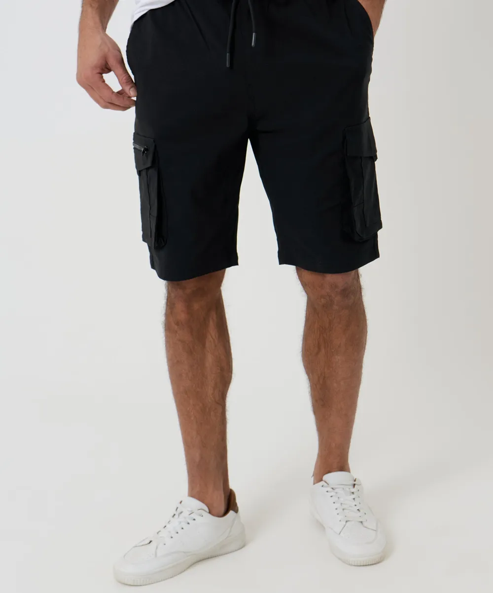 Men's Black Elastic-Waist Stretch Cargo Shorts