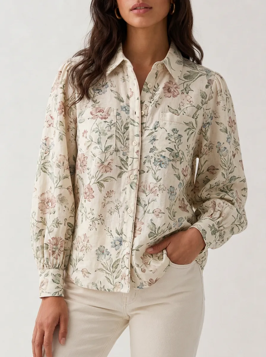 Women's Botanical Floral Point Collar Chest Pockets Flap Pockets Shirt