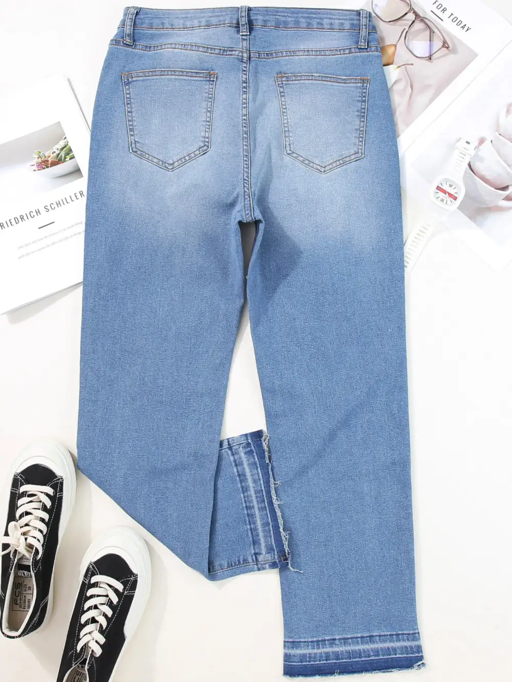 Textured Raw Hem Denim Jeans