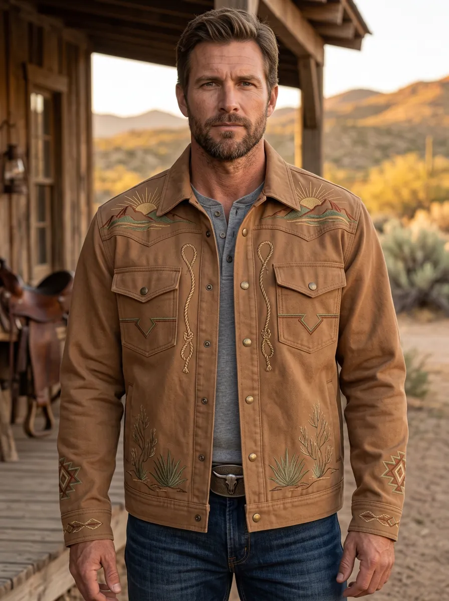 Men's Western Cowboy Desert Rope Landscape Embroidered Jacket