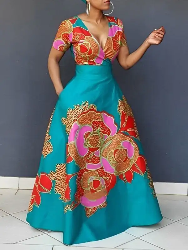 Loose Floral Printed Neck Maxi Dress