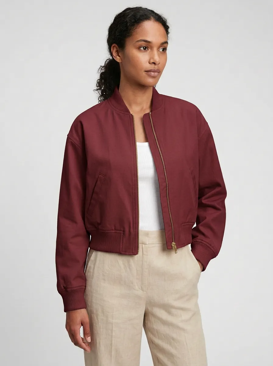 Women's Minimalist Casual Solid Off-White Printed Bomber Jacket