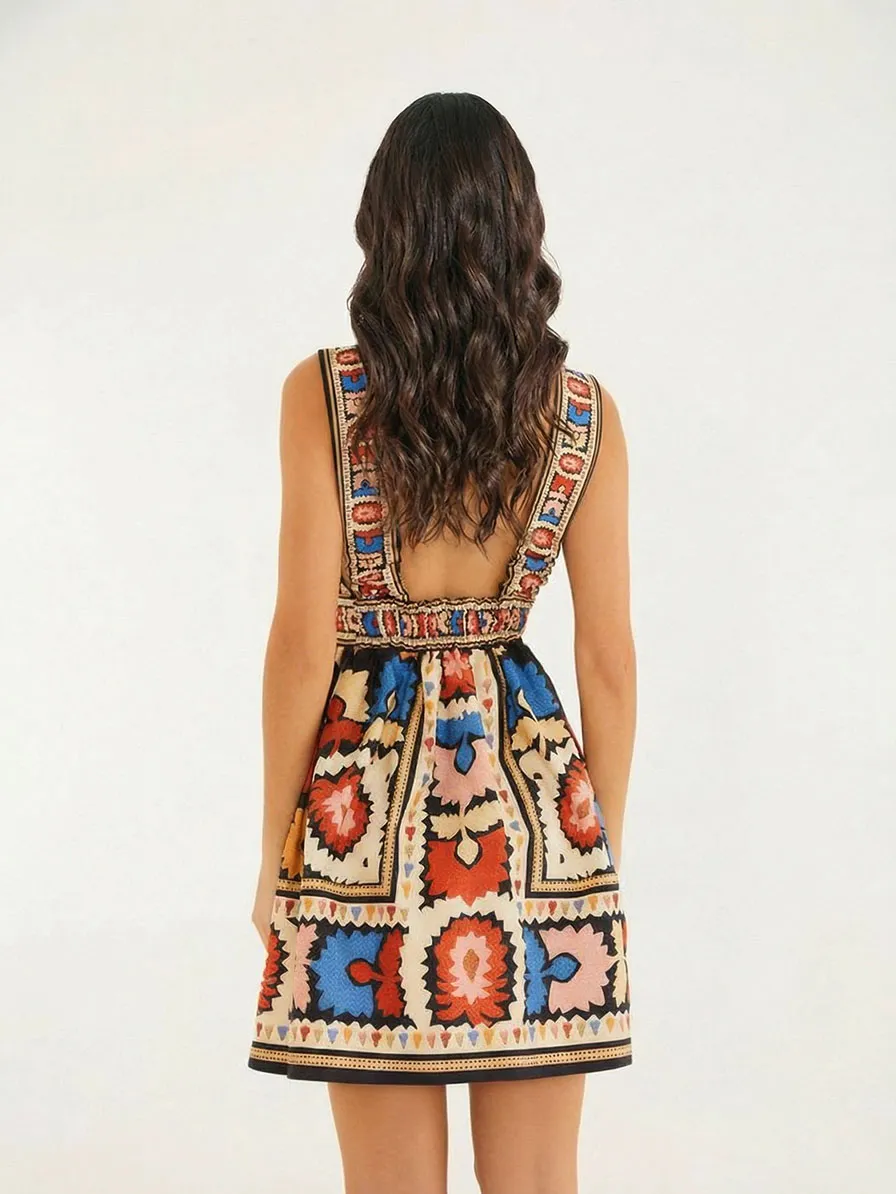 Bohemian Ethnic Print Neck Sleeveless Mini Dress