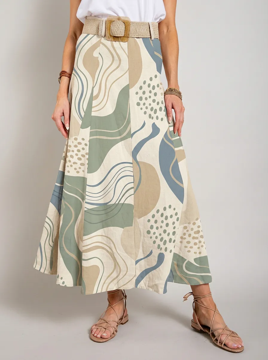 Women's Boho Abstract Wave Dot Printed Midi Skirt