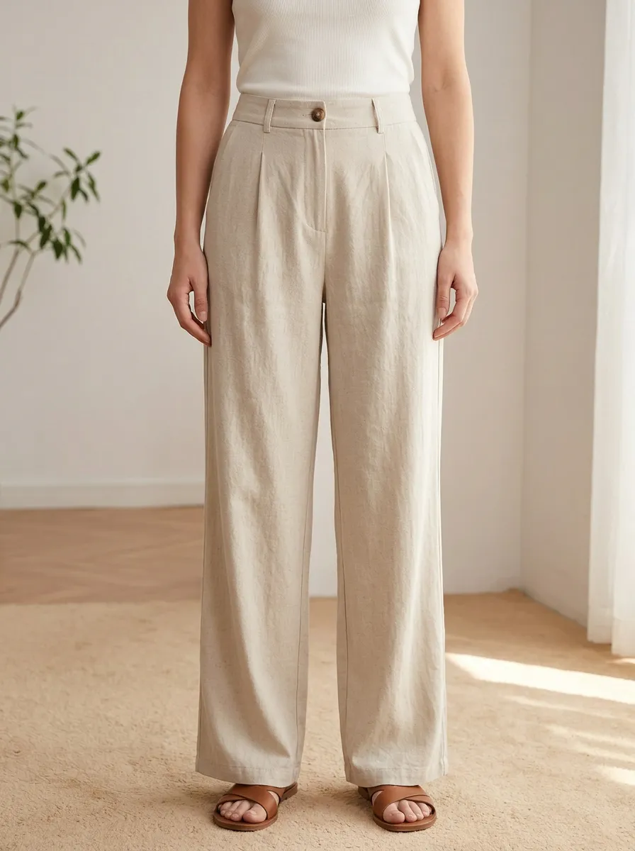 Women's Minimalist Pleated Wide-Leg Casual High-Rise Waistband Belt Loops Pants