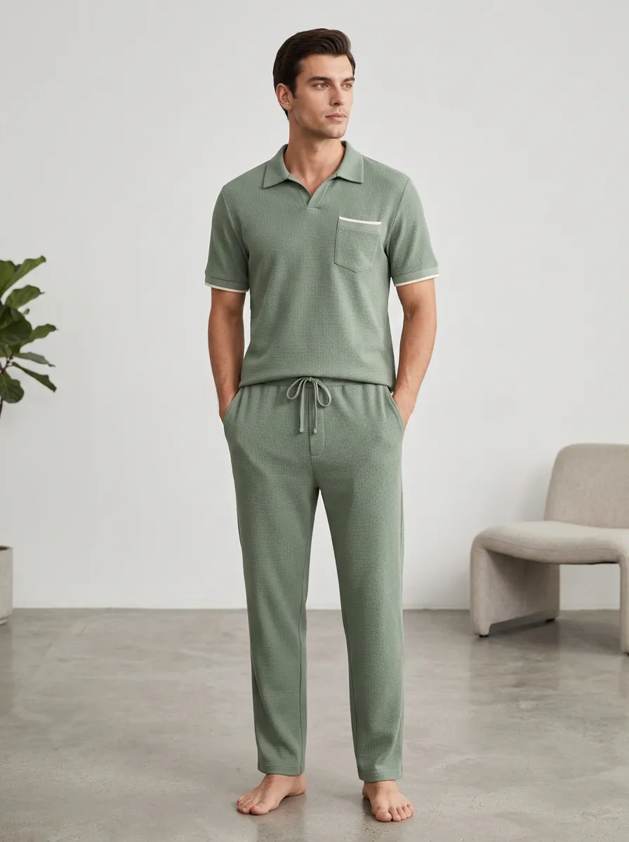 Men's Sage Green Waffle Knit Polo Shirt and Drawstring Pants Lounge Set