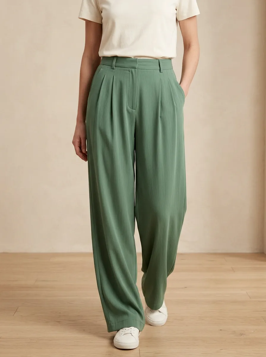 Women's Casual Pleated Wide-Leg High-Rise Waist Integrated Belt Loops Pants