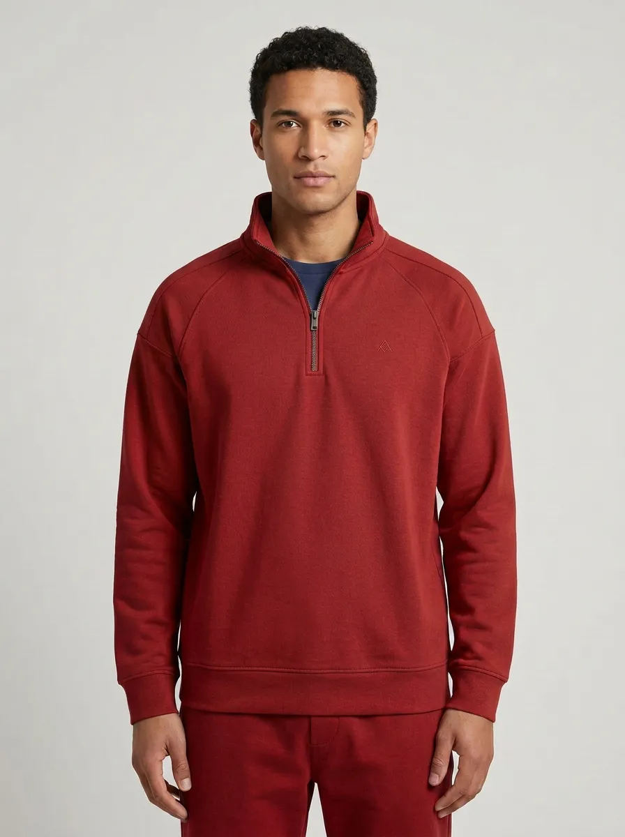Men's Classic Minimalist Textured Raglan Embroidered Emblem Quarter-Zip Sweatshirt