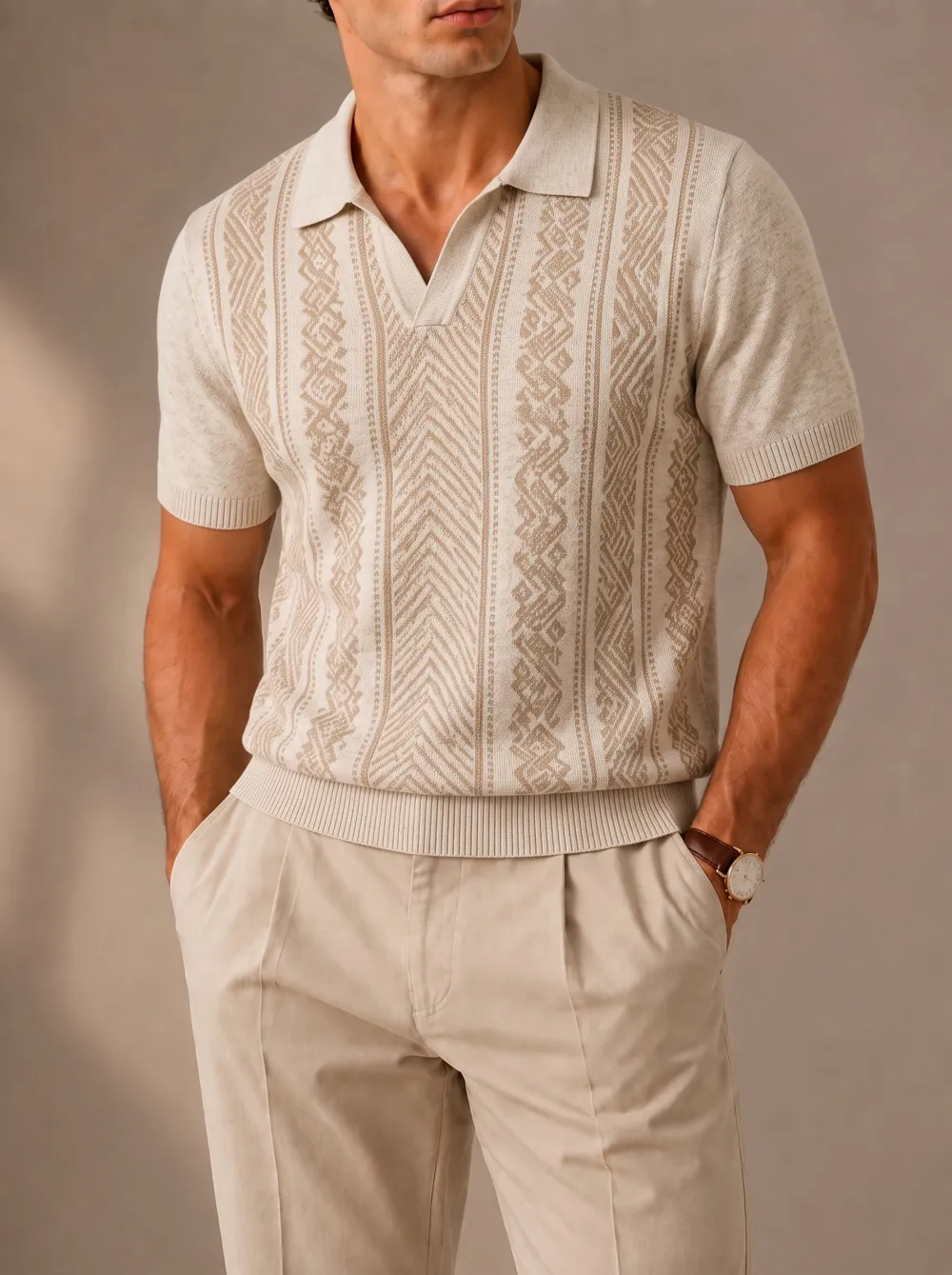 Men's Open V Neck Vertical Geometric Knit Polo