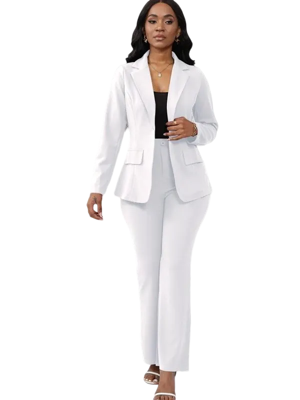 Women's Basic Plain Button Lapel Neck Blazer & Suit Pants