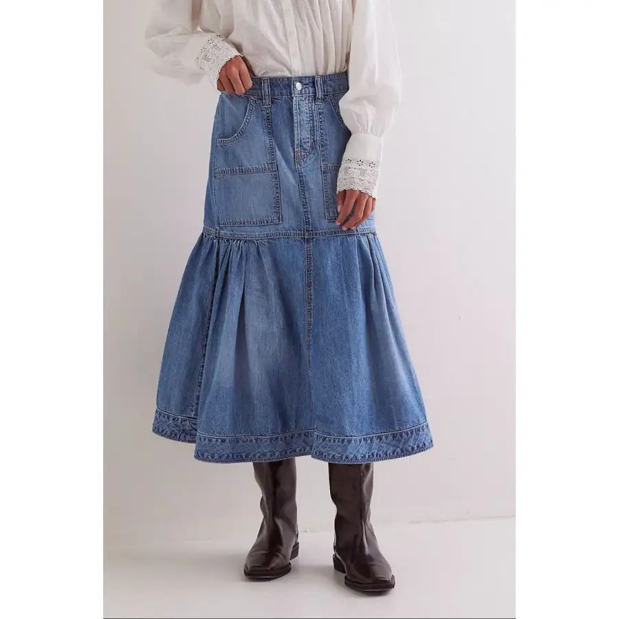 Midi Denim Skirt with Pockets