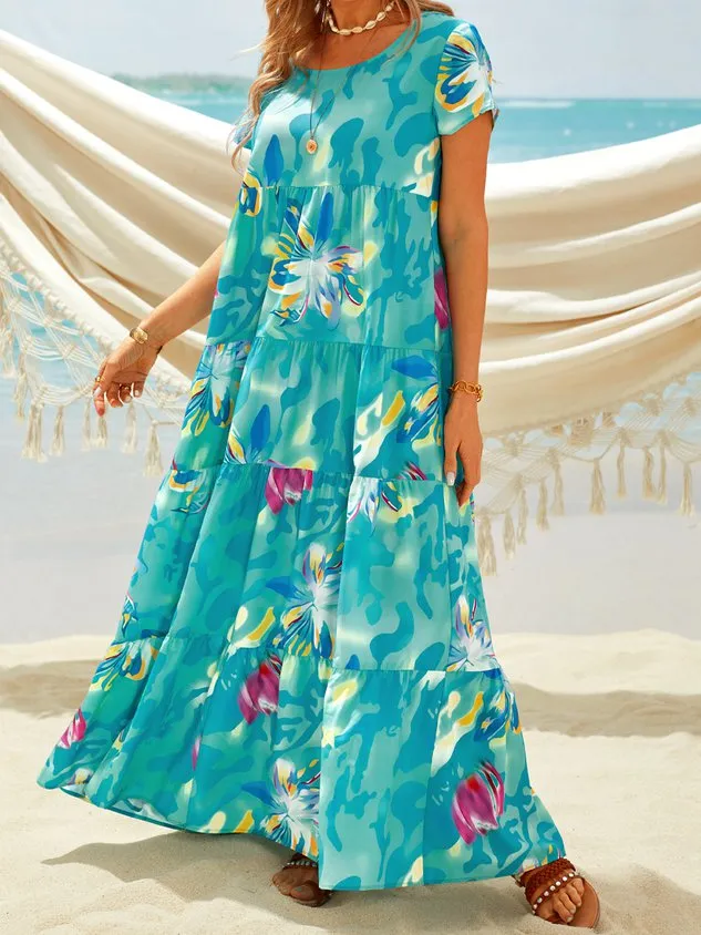 Plus Size Floral Print Short Sleeve Casual Maxi Dress