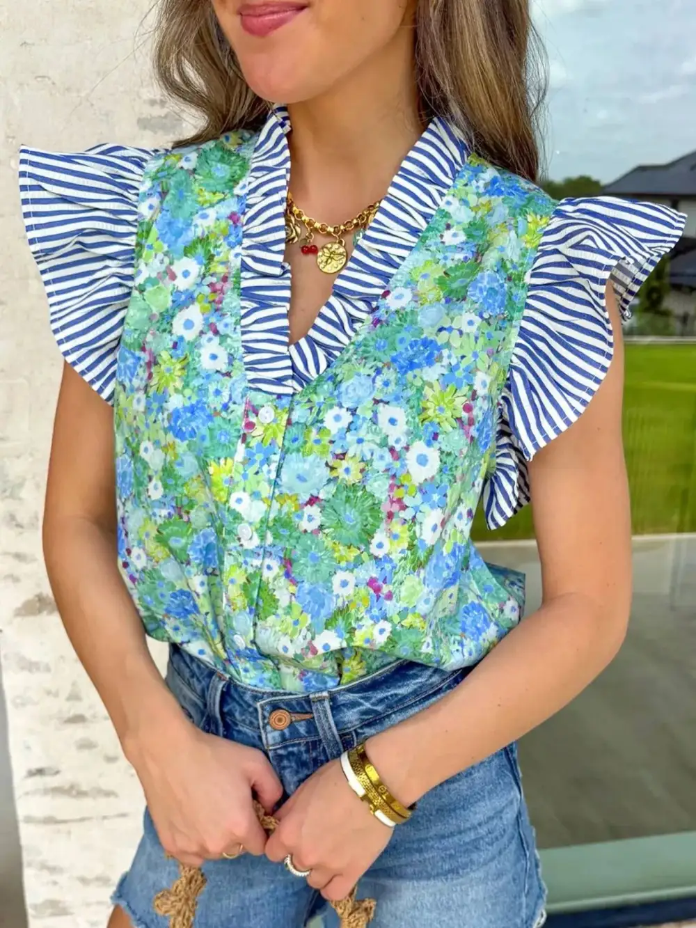 V-Neck Striped Floral Blouse
