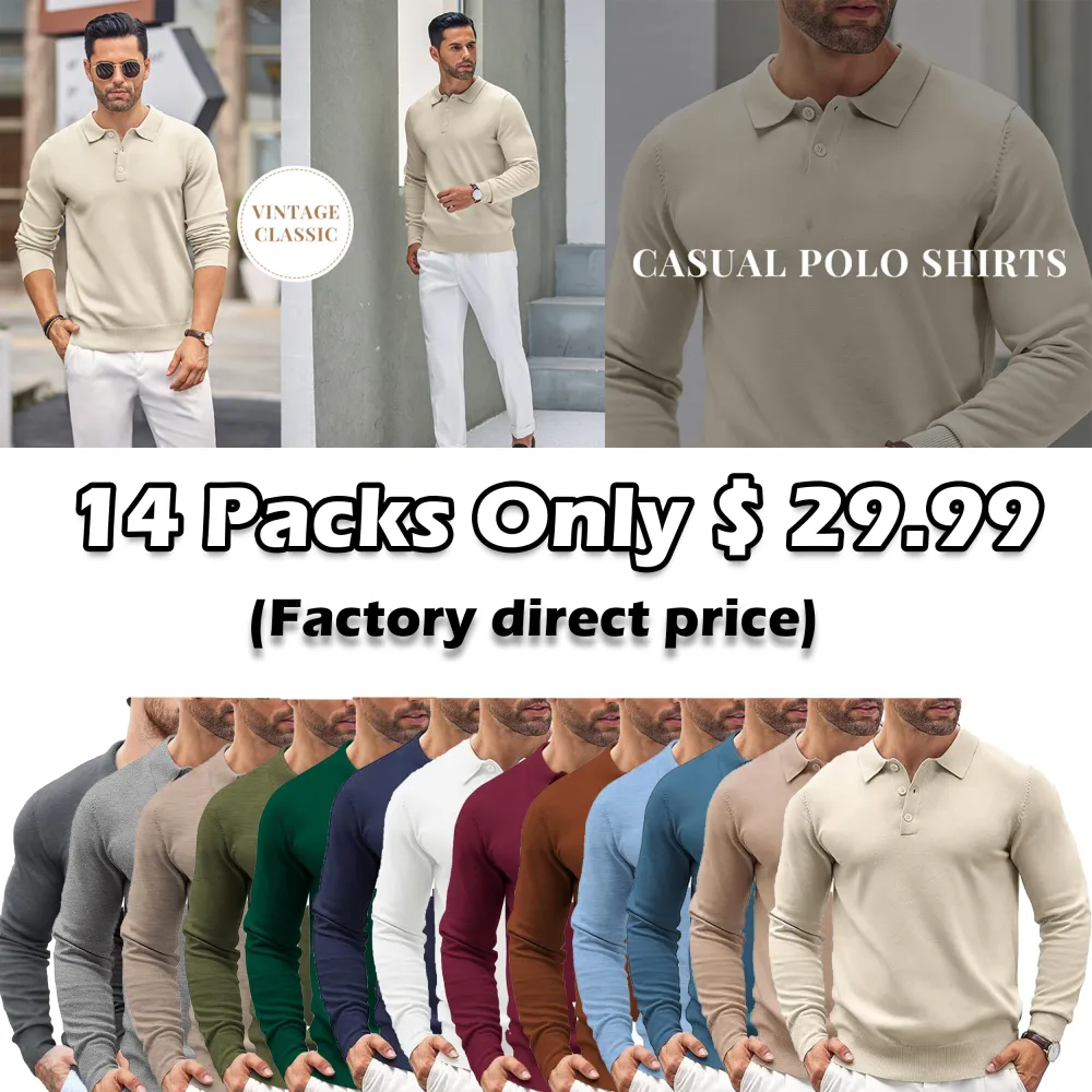 🧵 Men’s Soft Knit Long Sleeve Polo Shirt – Classic Style, Modern Comfort