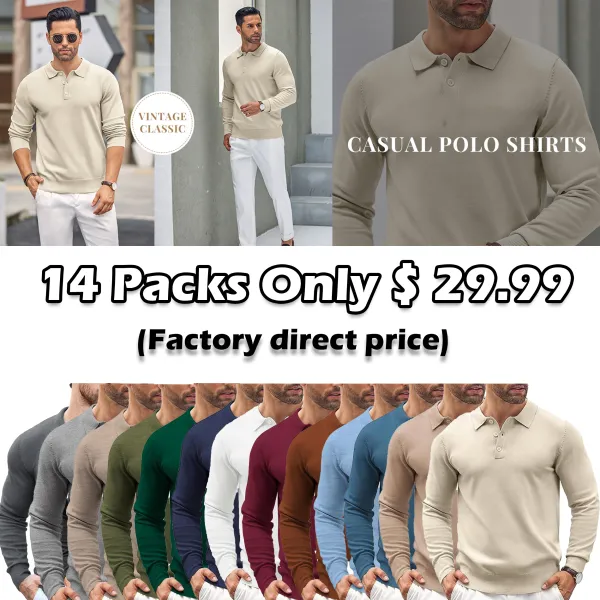 🧵 Men’s Soft Knit Long Sleeve Polo Shirt – Classic Style, Modern Comfort
