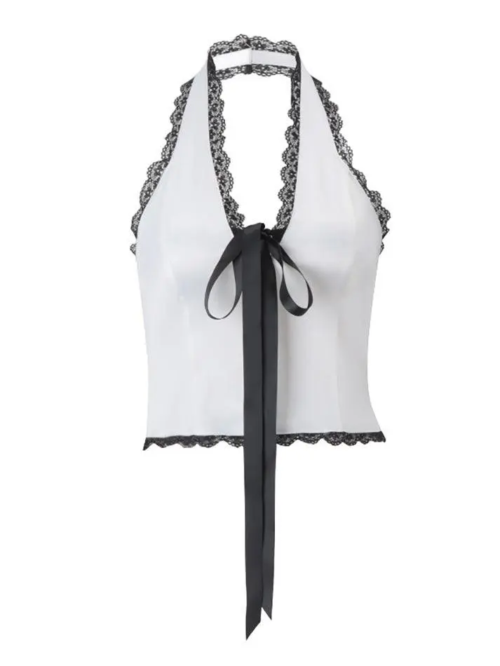 Halter V-Neck Lace-Trim Lace Tank Top