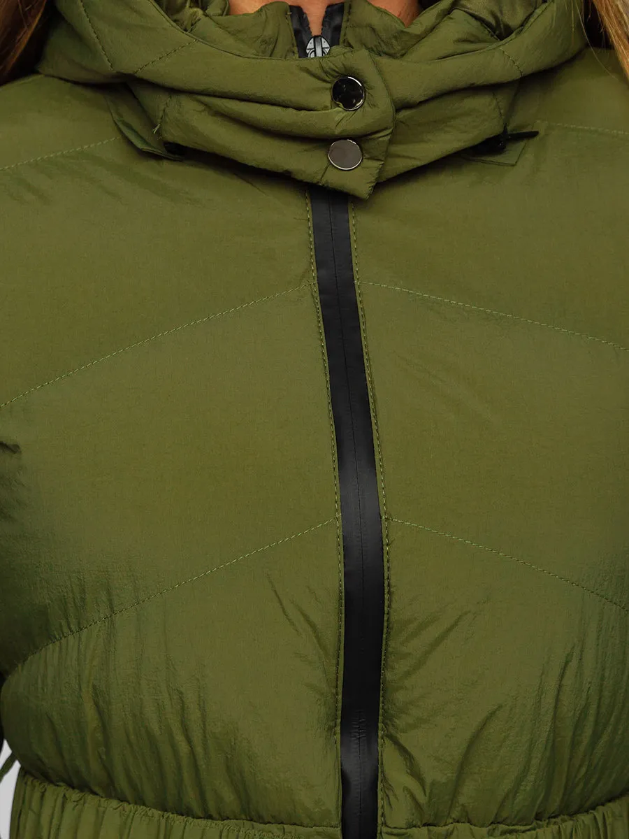 Khaki women's quilted winter jacket with hood