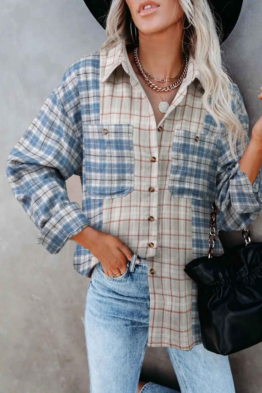 Plaid Color Block Pocket Button-Up Long Sleeve Shirt