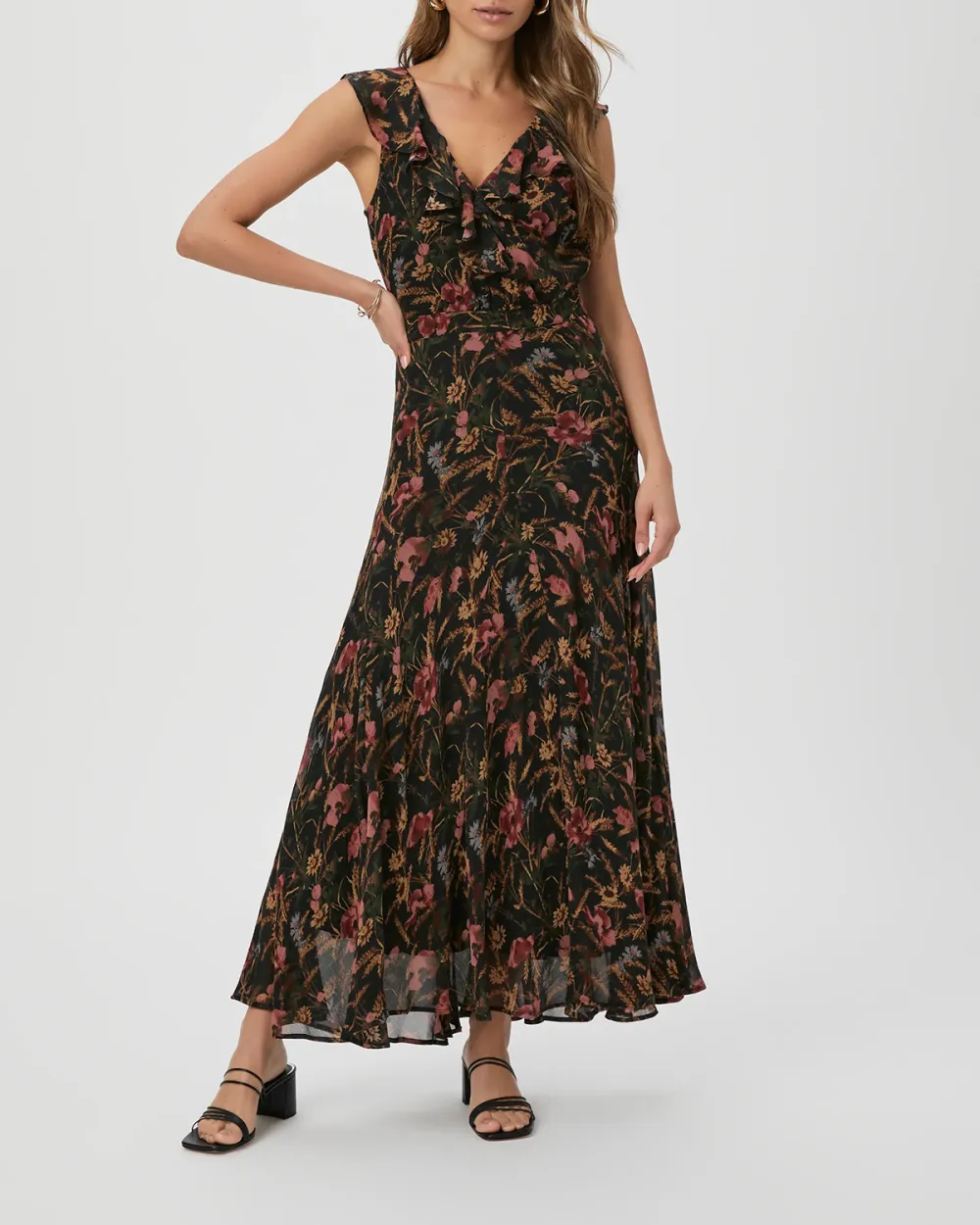 Black Multi Silk Floral Print Sleeveless Midi Dress