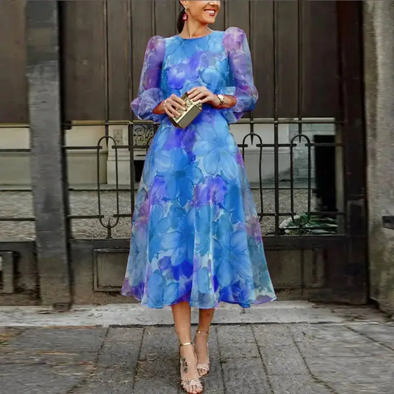A Line Long Sleeve Floral Midi Dress
