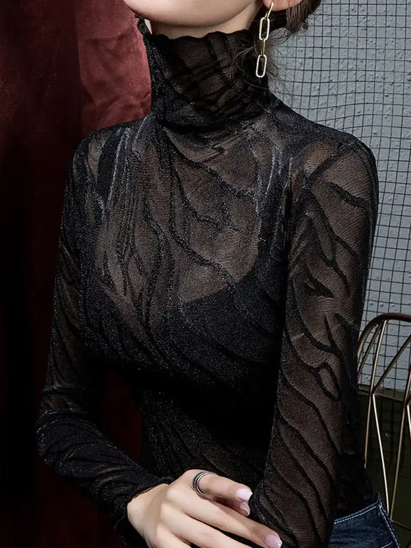Long Sleeve Curve Fit Sheer High Neck T-Shirt