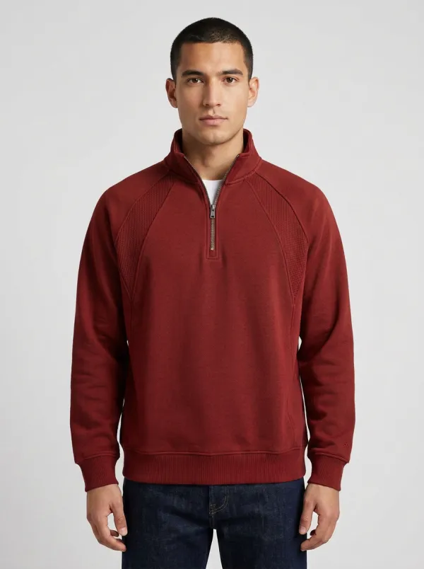 Men's Modern Textured Raglan Embroidered Emblem Stand-Collar Quarter-Zip Sweatshirt
