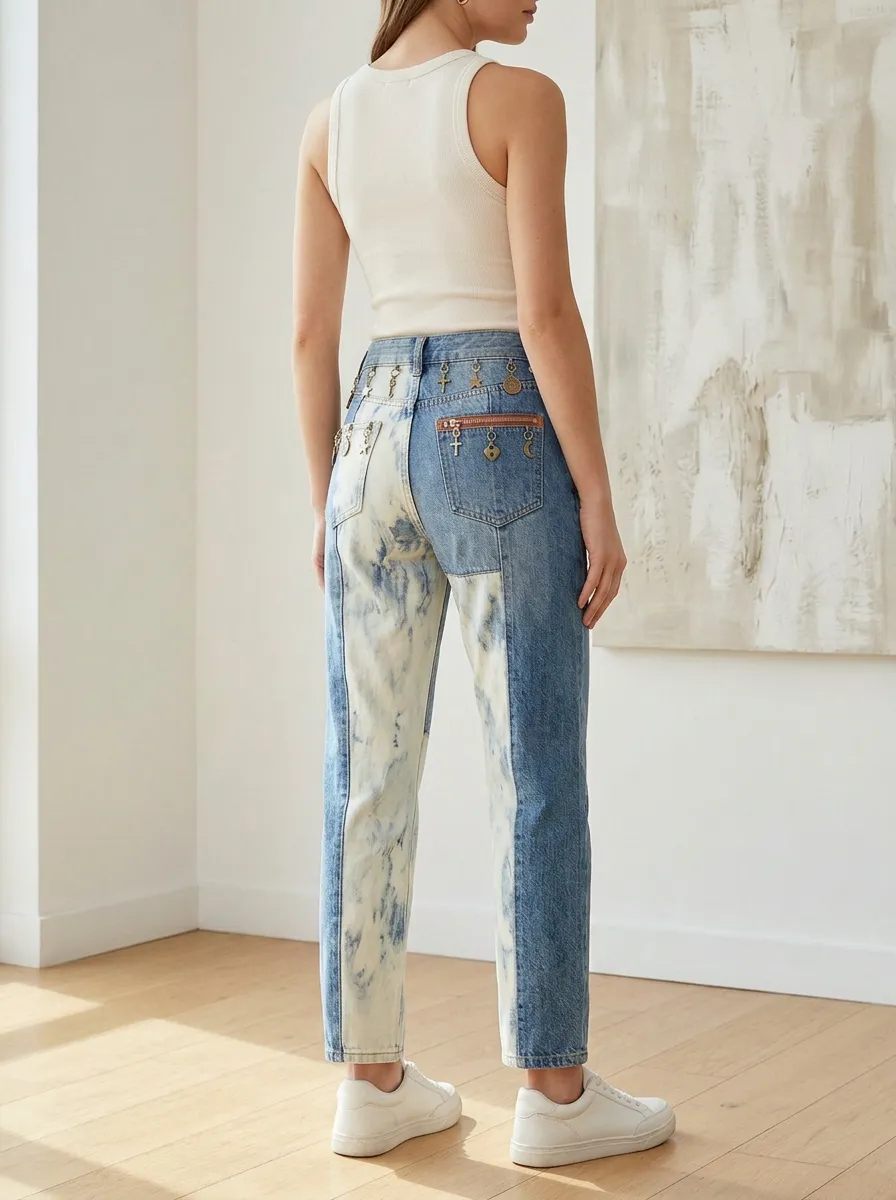 Women's Vintage Style Bleached Patchwork Charm Printed Jeans