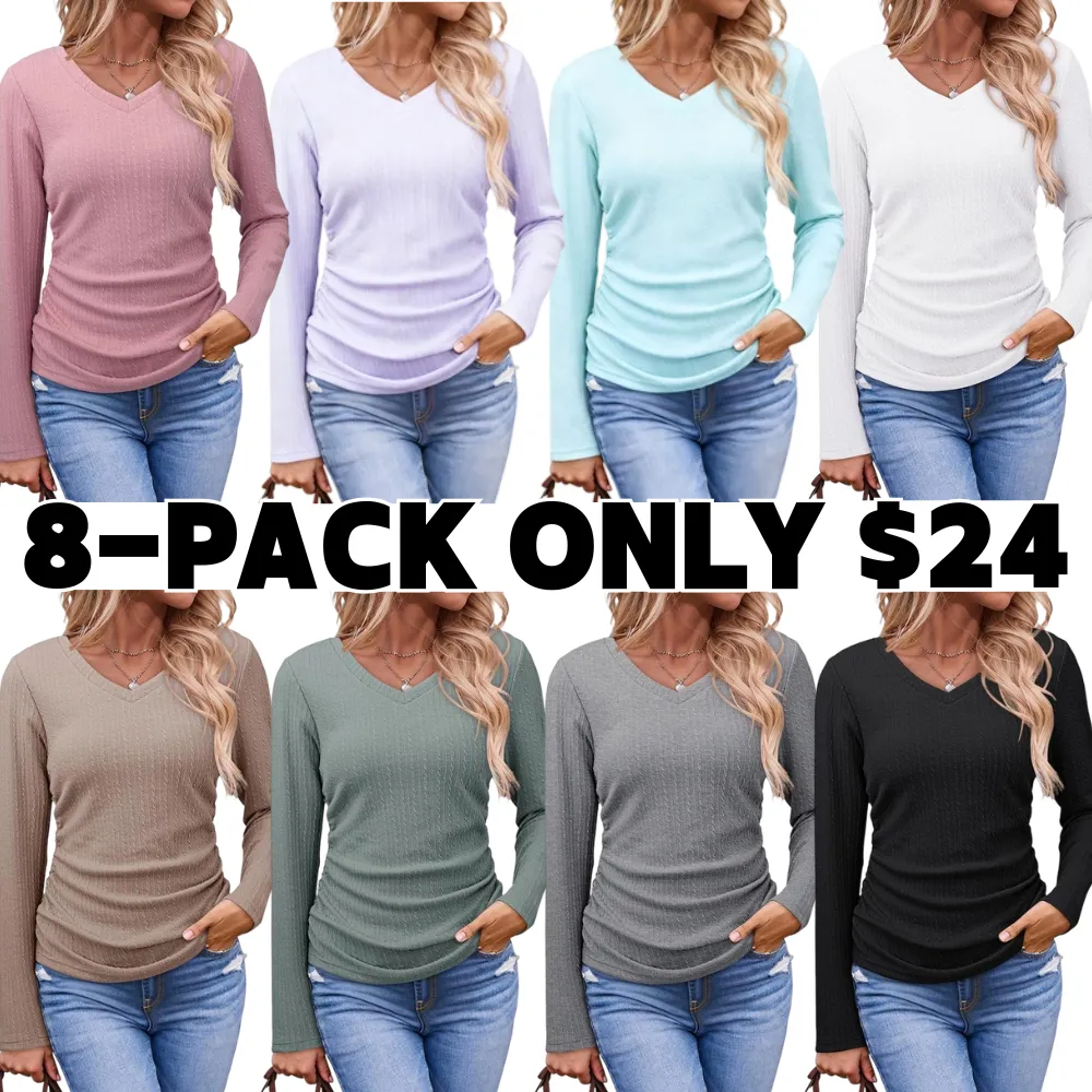 Womens Tops Casual V Neck Long Sleeve Shirts for Women Fashion Solid Ruched Basic Tunics Blouses