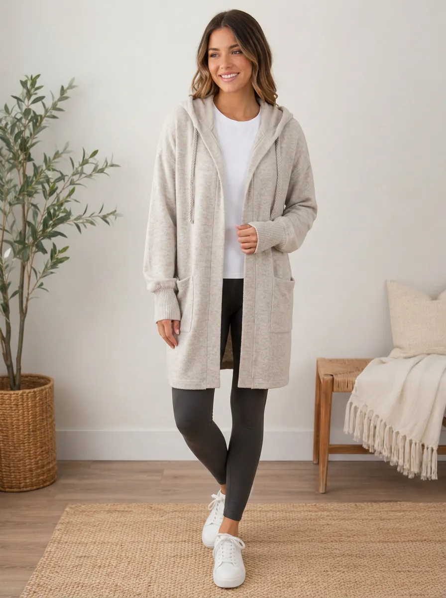 Women's Heathered Open-Front Hooded Cardigan