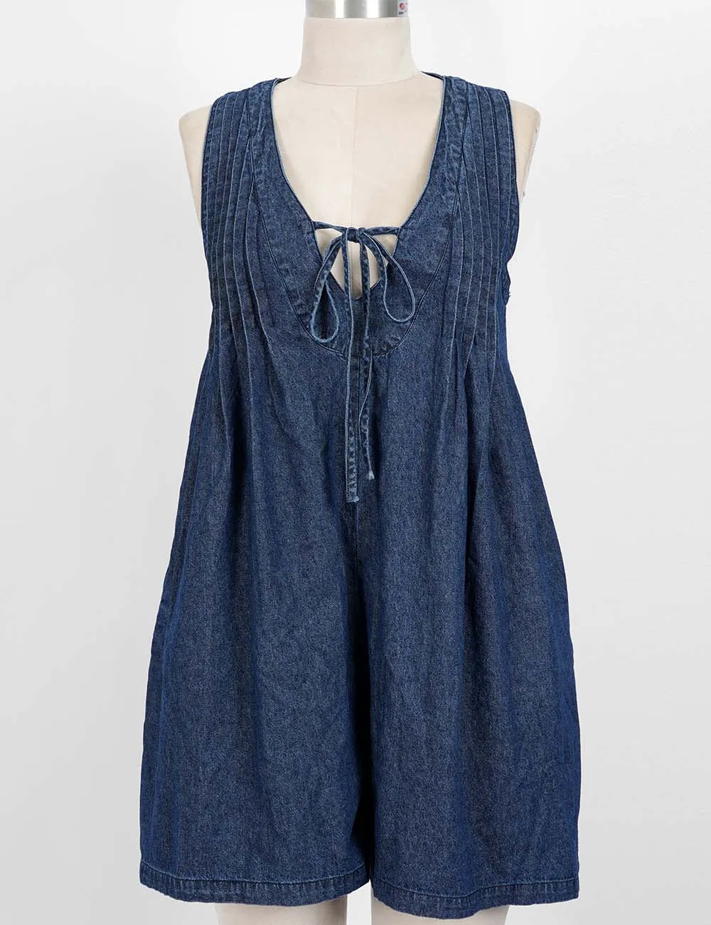 V Neck Front Pleated Sleeveless Denim Romper