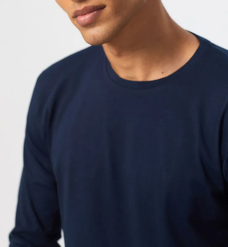 Deep Blue Long Sleeve Cotton Crew Neck T-Shirt