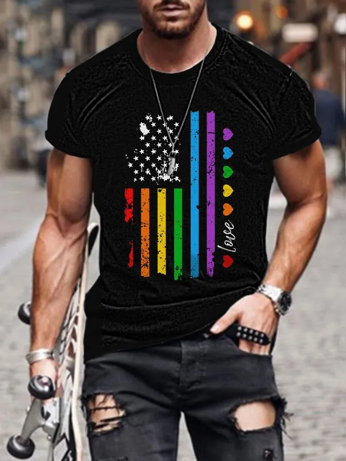 Men's Love Rainbow Flag Print Crew Neck Short Sleeve T-Shirt