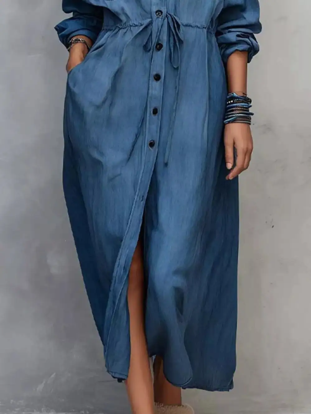 Button Front Long Sleeve Drawstring Waist Shirt Dress