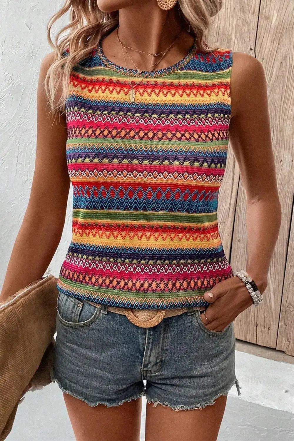 Textured Round Neck Cutout Tank Top