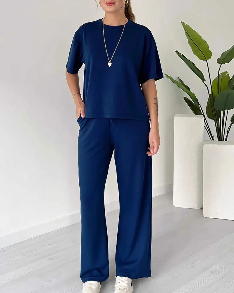 Casual Two-Piece Lounge Set Short Sleeve Top and Wide Leg Pants