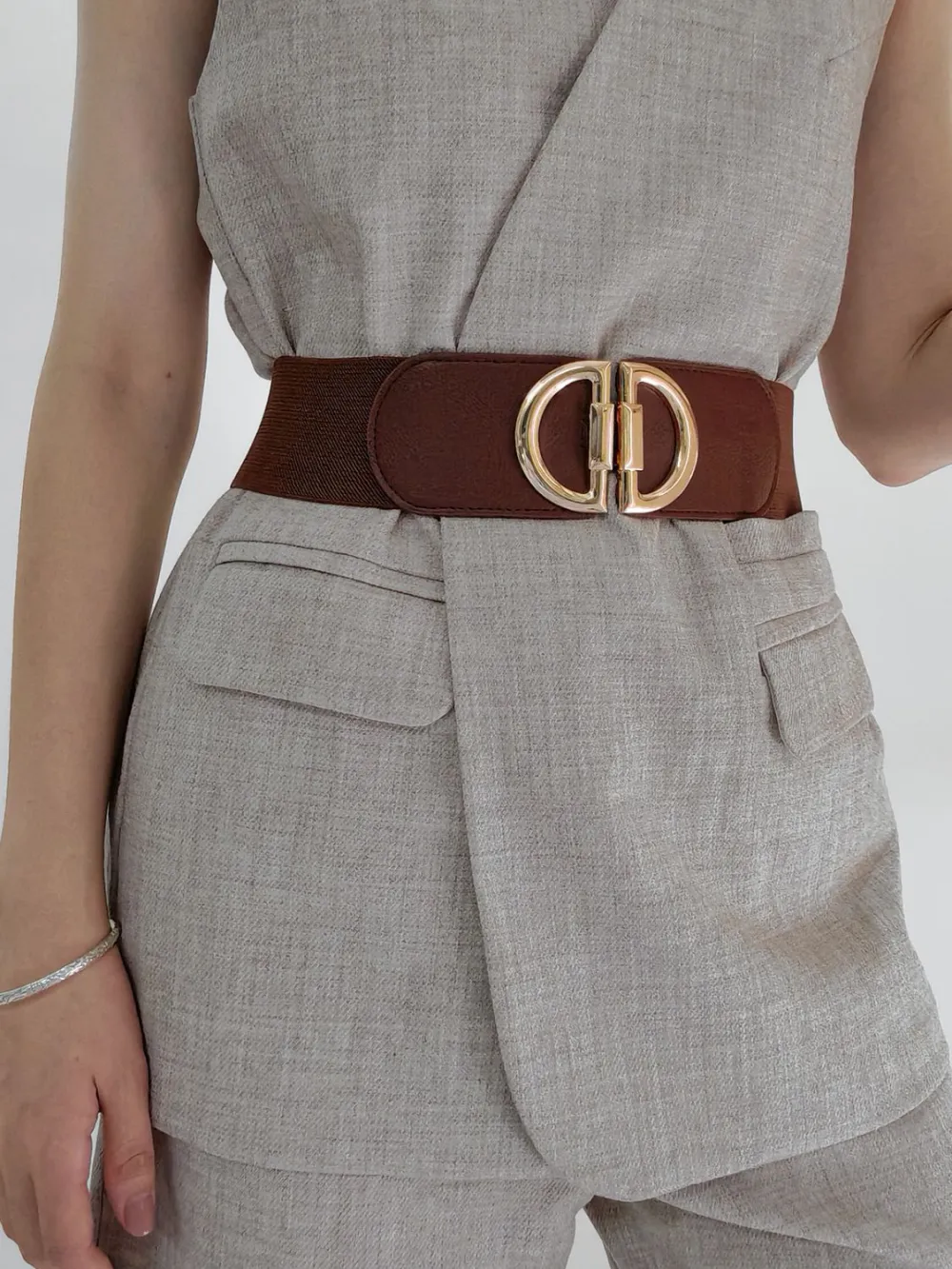 D-Buckle Vegan-Leather Elastic Waist Belt