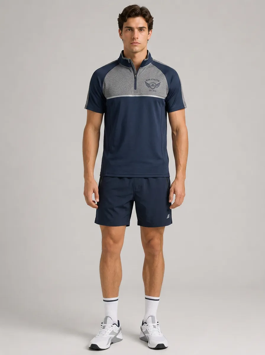 Men's Athletic Sport Wing Logo Printed Quarter-Zip Polo Short Set
