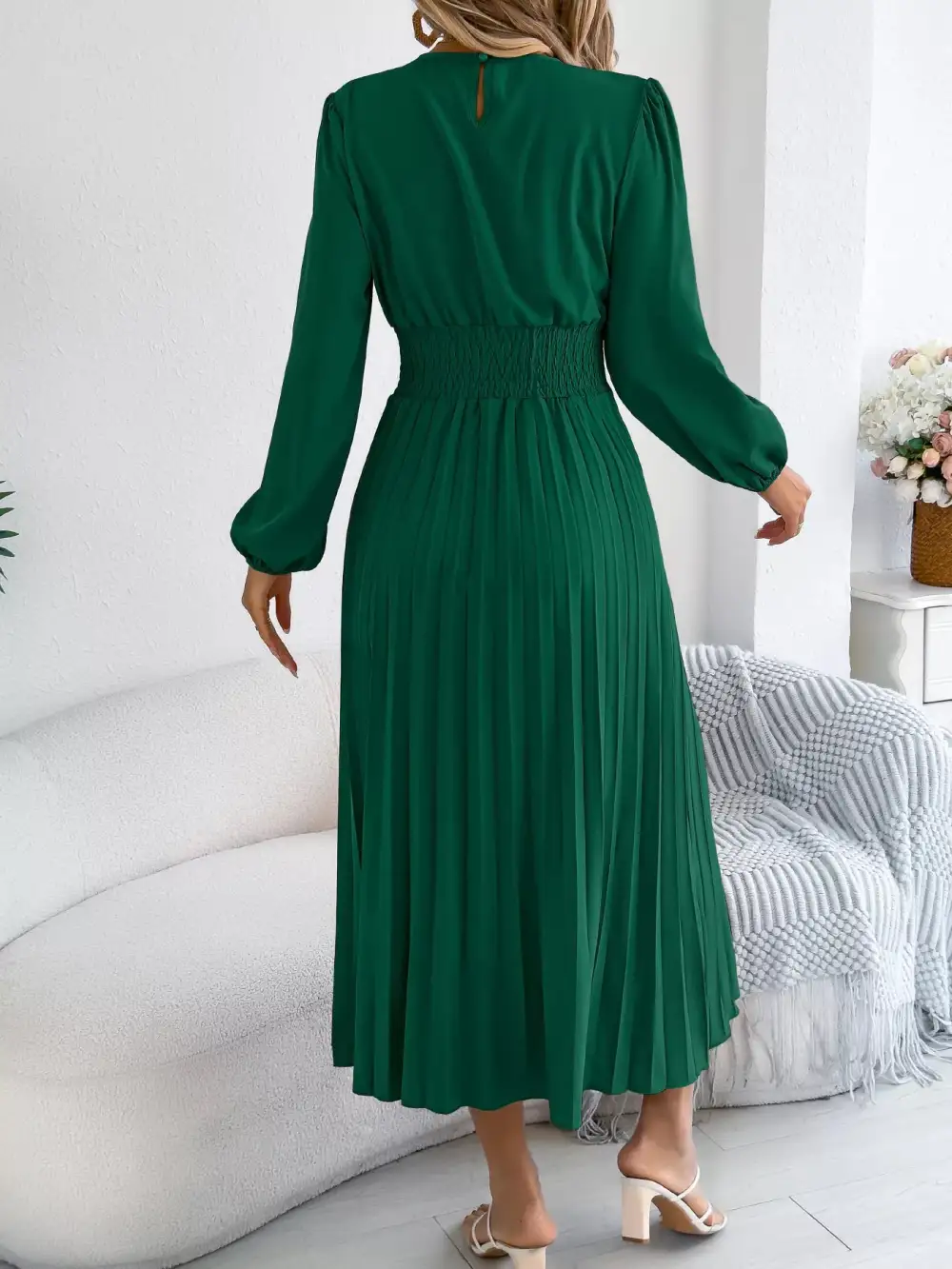 Pleated Smocked Long Sleeve Midi Dress