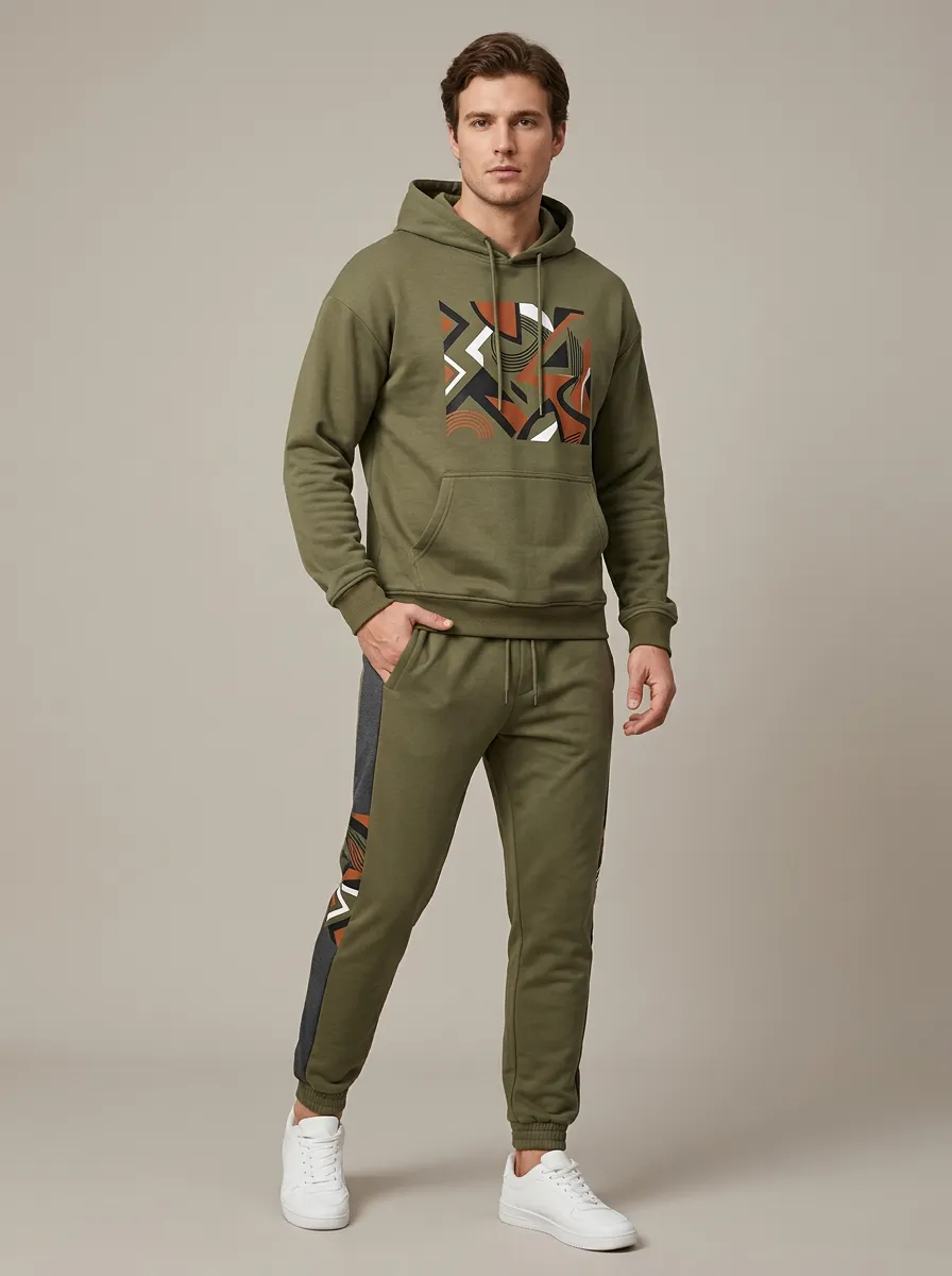 Men's Olive Geometric Pattern Printed Hoodie Jogger Set