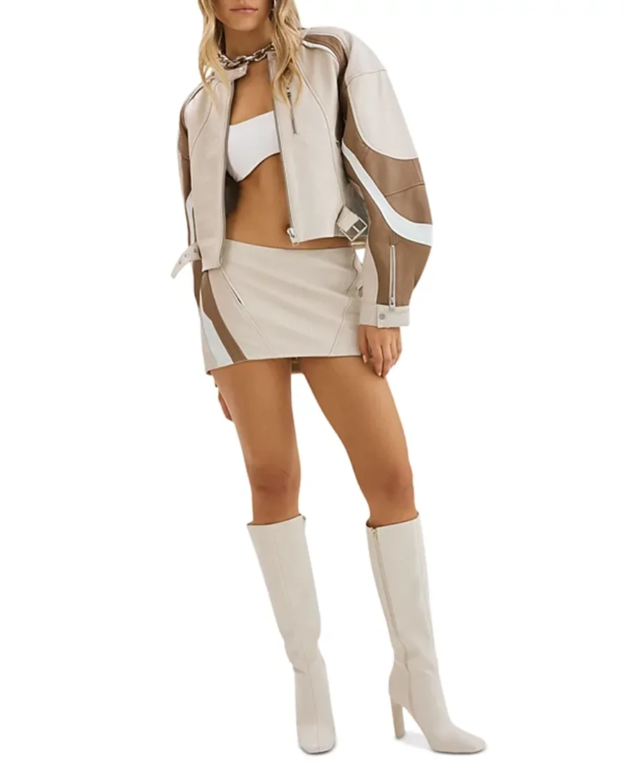 Cropped Leather Contrast Insert Racer Jacket