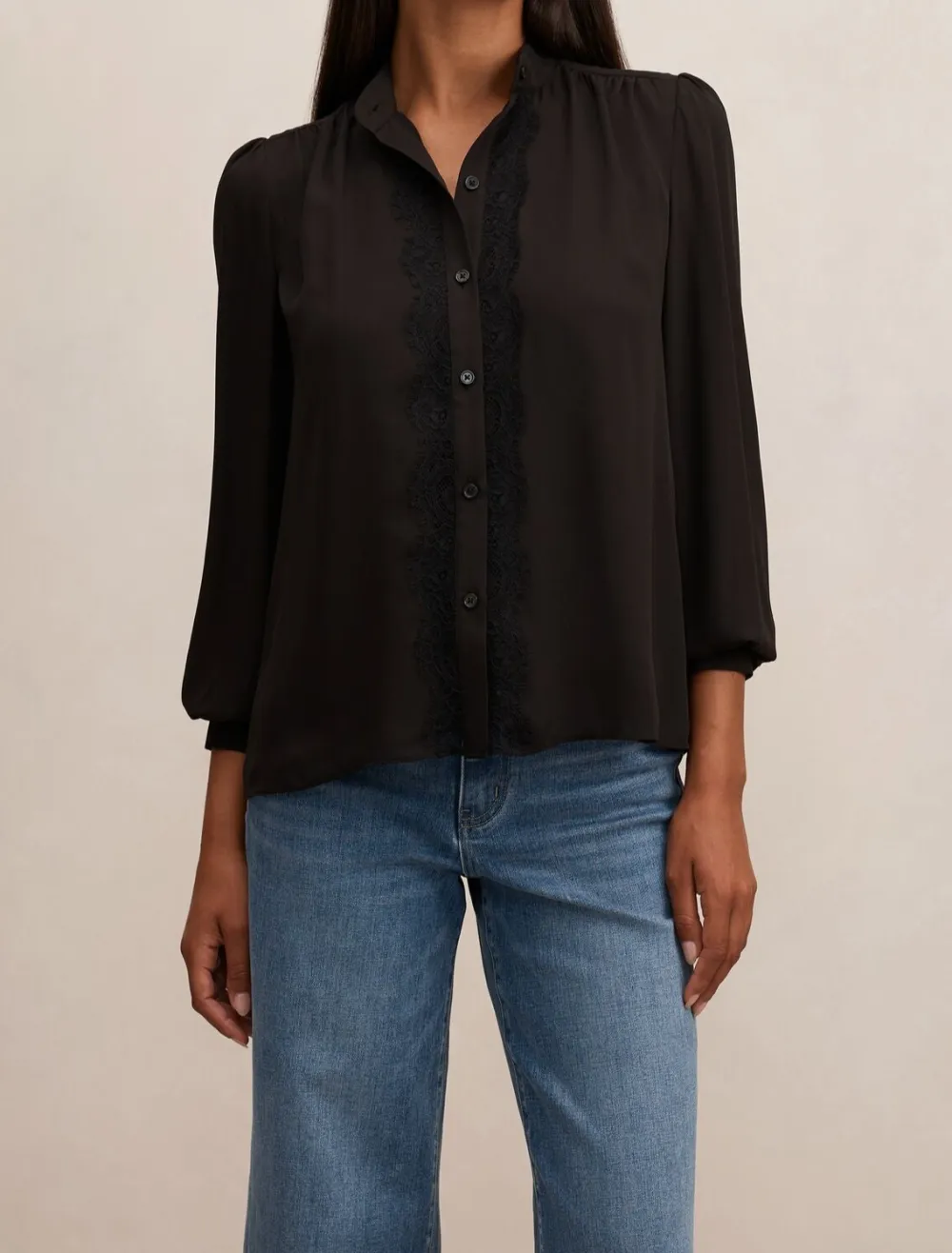 Black Lace Trim Long Sleeve Button Blouse