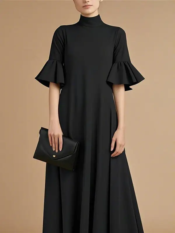 Sleeves Pleated Neck Maxi Dress