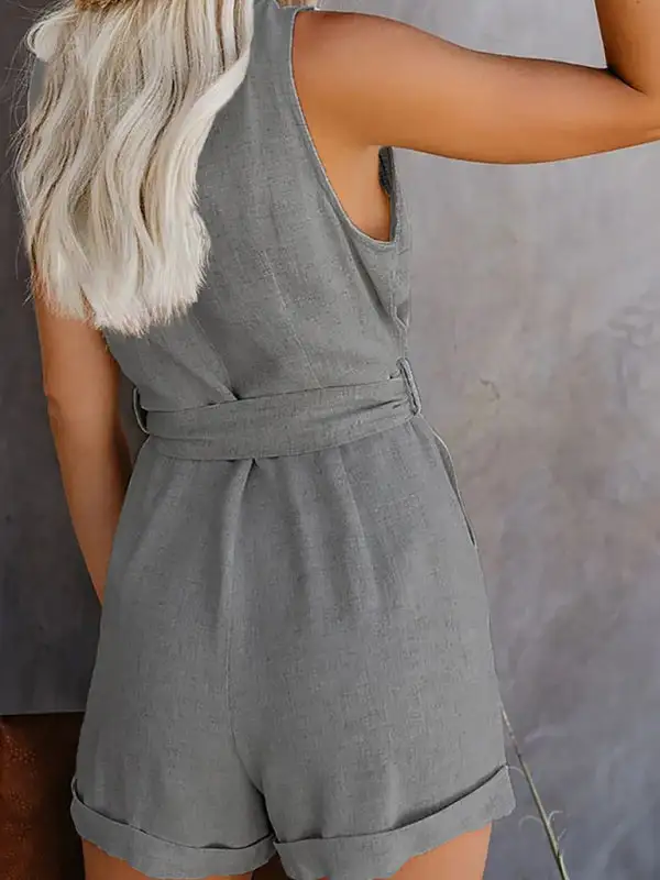 Woven V Neck Button Up Sleeveless Jumpsuit