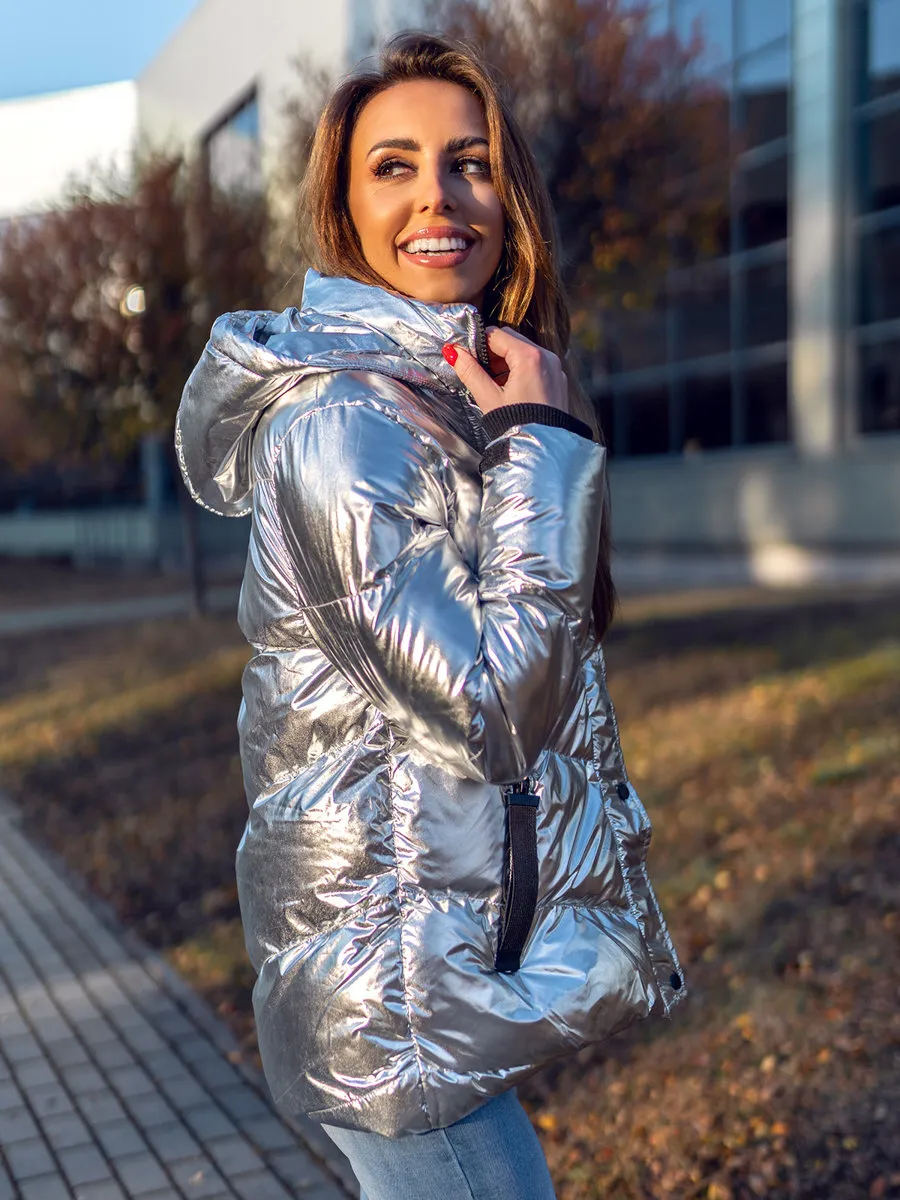 Women's Silver Quilted Winter Jacket With Hood