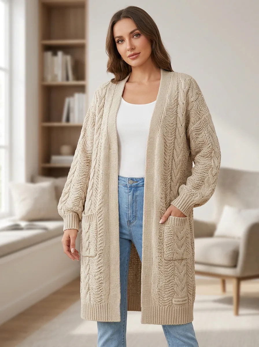 Women's Cable Knit Open-Front Intricate Cable-Knit Pattern Throughout Long Cardigan
