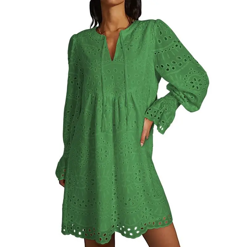 Women's 2025 Casual Dress Tassel V Neck Long Sleeve A Line Hollow Out Lace Ruffle Above Knee Dress, 100% Cotton, Comfortable Fit